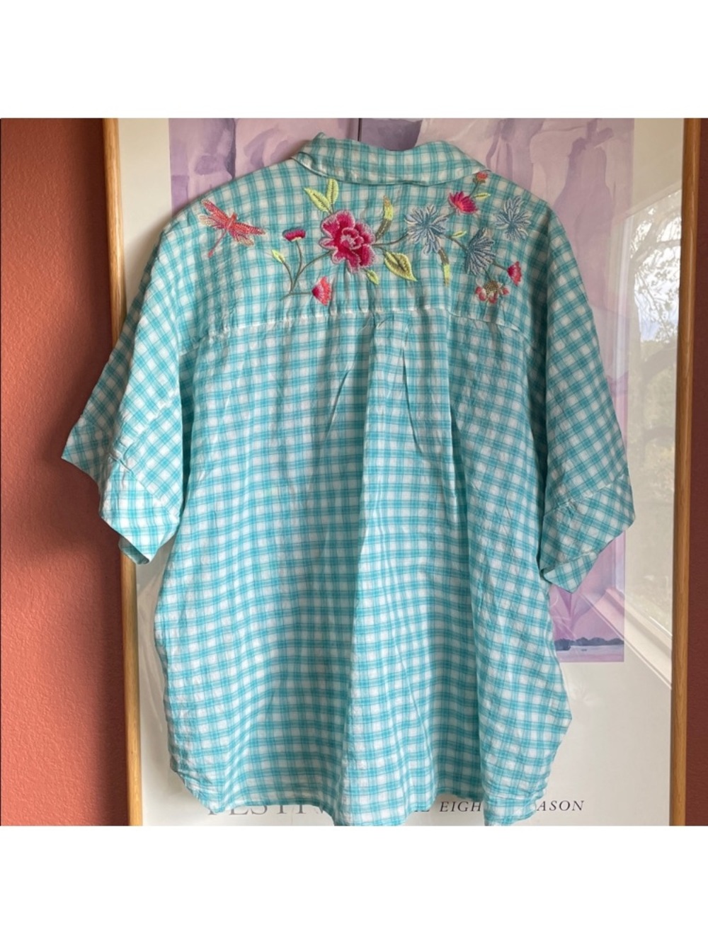 Johnny Was Turquoise Gingham Embroidered Button-Front Blouse , great condition! - Picture 4 of 16